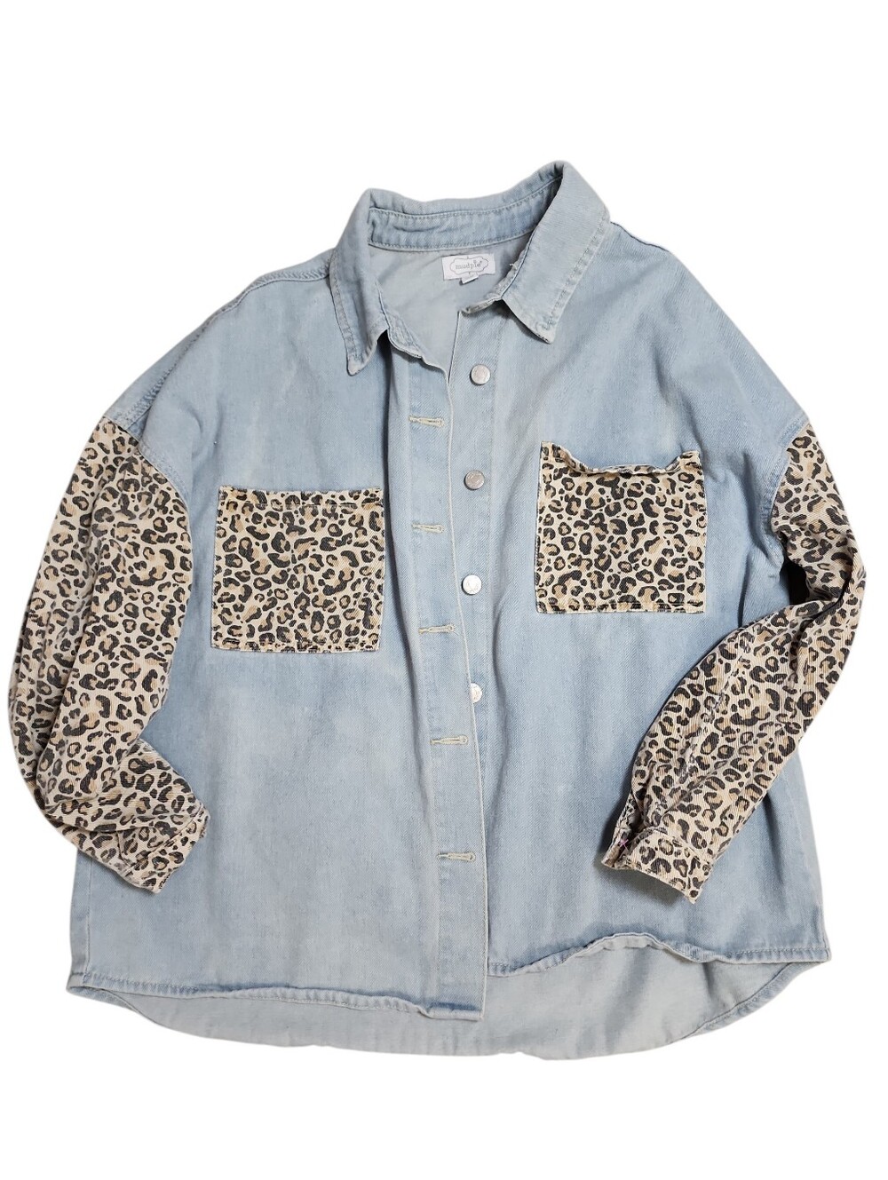 Mud Pie Oversized Denim Shacket With Leopard Print Accents Size M/L